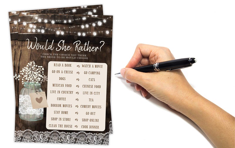 Your Main Event Prints Bridal Shower Bachelorette Games, Rustic Wood Barrel Mason Jar, He Said She Said, Find The Guest Quest, Would She Rather, Phone Game, 25 games each - Image 2